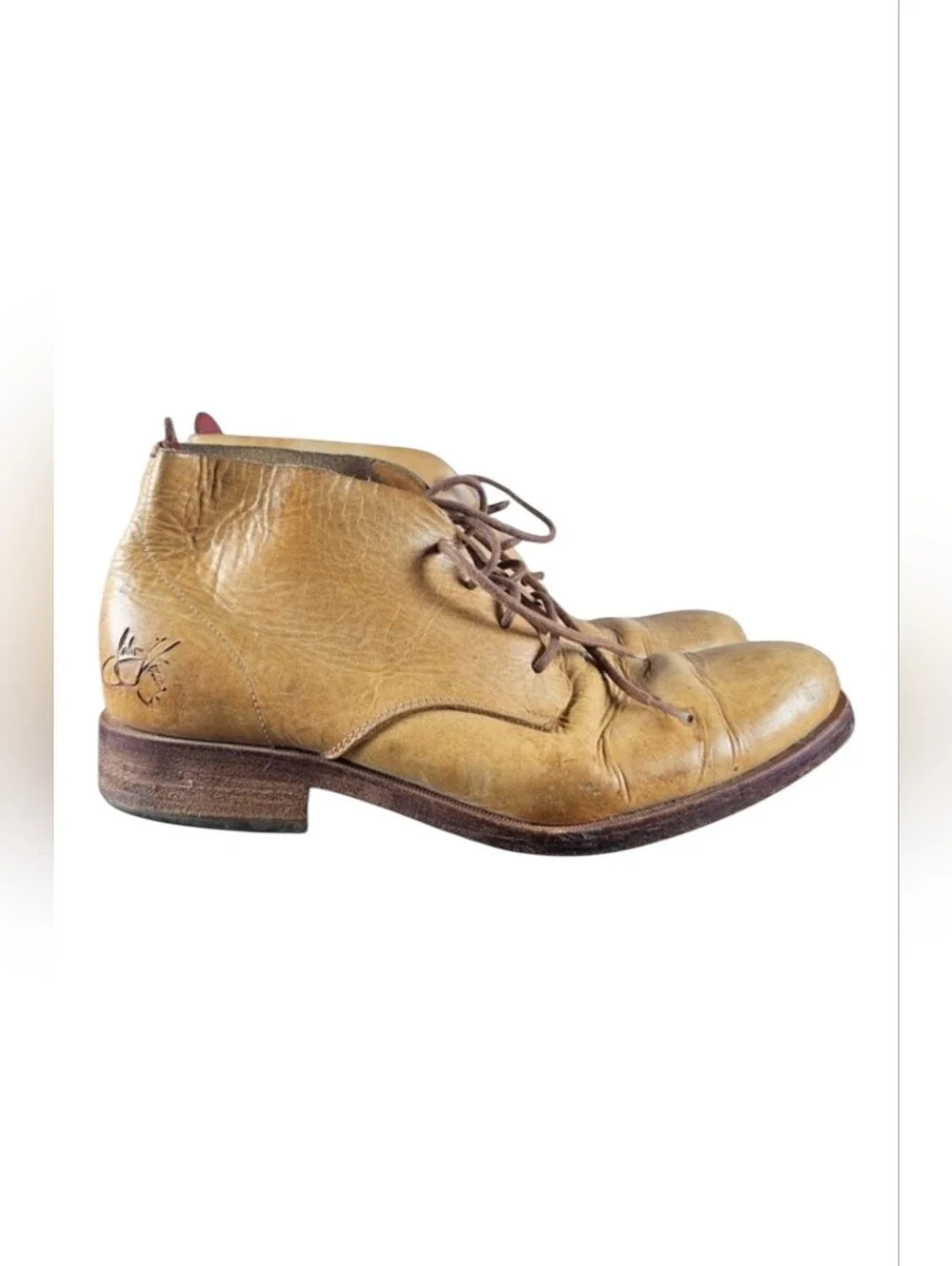 John Fluevog Yellow Camel Tan Lace Leather Preppy Honor is‎ Strength Boots sz 8